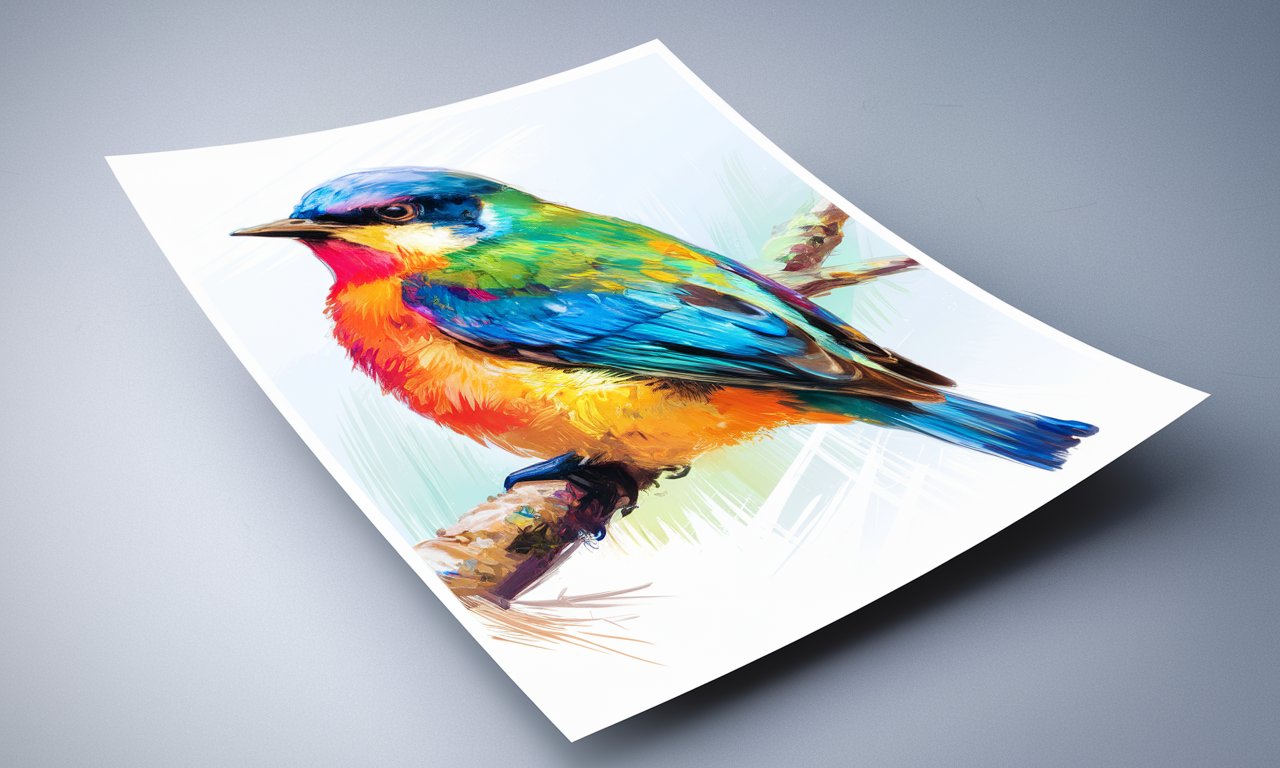 Printed page showcasing an impressionistic painting of a vibrant bird perched on a branch. The bird displays a striking mix of blue, green, yellow, and red feathers, with bold, saturated colors that highlight the print quality. The page lies on a simple background, emphasizing the vivid colors and fine details of the print.