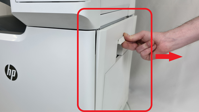 opening right door assembly from a hp m652 printer