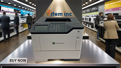 Lexmark MS622de printer on display under spotlight with Item Inc. logo and 'Buy Now' call to action in a retail showroom setting.