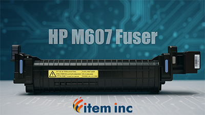 HP M607 fuser unit displayed on tech background with Item Inc logo
