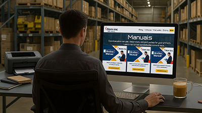 Man sitting at a desk in a warehouse, viewing the Item Inc Tech Hub website on a large desktop monitor that displays downloadable Brother printer manuals. A printer, notebooks, and a coffee mug are also visible on the desk, with shelving and boxes in the background.