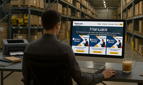 Man sitting at a desk in a warehouse, viewing the Item Inc Tech Hub website on a large desktop monitor that displays downloadable Brother printer manuals. A printer, notebooks, and a coffee mug are also visible on the desk, with shelving and boxes in the background.