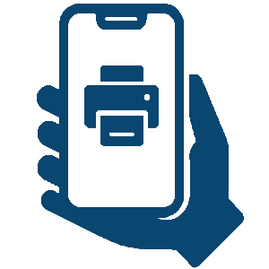 Icon of a hand holding a smartphone displaying a printer symbol, representing mobile printing capability.