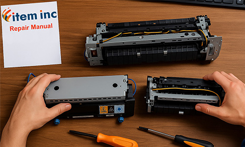 A technician’s hands work on two laser printer fuser units on a wooden desk, with tools and a third fuser nearby. A white sheet of paper featuring the Item Inc. logo is placed to the left.