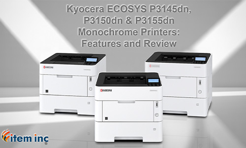 Three Kyocera ECOSYS printers (P3145dn, P3150dn, P3155dn) shown in front of a silver gradient background with angled lighting. Text above highlights a guide to durable monochrome printing. Item, Inc. logo appears in the corner.