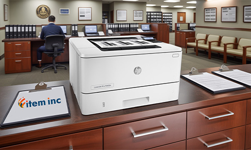 HP LaserJet Pro M402n printer on a wooden counter in a government office setting, with blank clipboards in the foreground and a clerk working at a desk in the background.