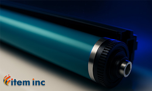 Close-up macro shot of a laser-printer drum unit featuring a glossy teal photoconductor cylinder, metal end cap and black gear in sharp focus on a reflective white surface, bathed in deep navy blue (#094670) rim lighting; an orange-and-yellow swirling “item inc” logo appears in the lower-left corner.