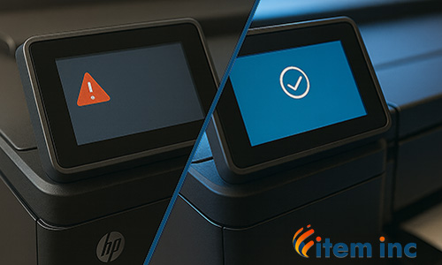 Split-screen image of two HP printer control panels, separated by a diagonal yellow line; the left panel shows a red warning triangle on a dark screen, while the right panel displays a white checkmark on a bright blue screen, symbolizing an error versus a successful reset.