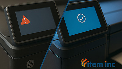 Split-screen image of two HP printer control panels, separated by a diagonal yellow line; the left panel shows a red warning triangle on a dark screen, while the right panel displays a white checkmark on a bright blue screen, symbolizing an error versus a successful reset.