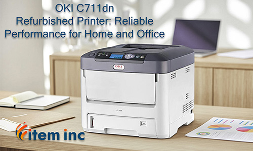 Refurbished OKI C711dn printer on a desk with a laptop and printed charts, overlaid with its title and the Item Inc logo.