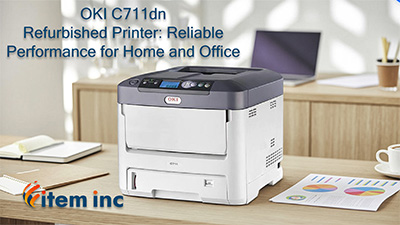 Refurbished OKI C711dn printer on a desk with a laptop and printed charts, overlaid with its title and the Item Inc logo.
