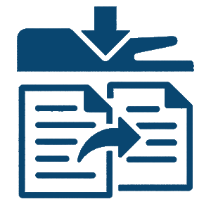 Navy blue icon of an automatic document feeder with an arrow pointing down to two sheets of paper and a curved arrow between them, representing single-pass, two-sided scanning