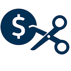Minimalist navy blue icon of scissors cutting through a dashed line next to a dollar symbol, representing reduced cost per page