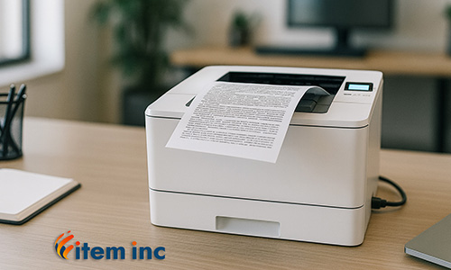 Photorealistic office scene showing a compact white laser printer on a tidy wooden desk, actively printing a black-text document into the output tray, with an Ethernet cable plugged in and soft daylight coming from the left.