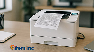 Photorealistic office scene showing a compact white laser printer on a tidy wooden desk, actively printing a black-text document into the output tray, with an Ethernet cable plugged in and soft daylight coming from the left.