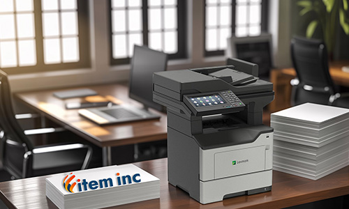 Photo-realistic image of a Lexmark MX622ade multifunction printer in a modern office setting, with stacks of paper on the desk and an Item, Inc. branded ream in the foreground.