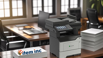 Photo-realistic image of a Lexmark MX622ade multifunction printer in a modern office setting, with stacks of paper on the desk and an Item, Inc. branded ream in the foreground.