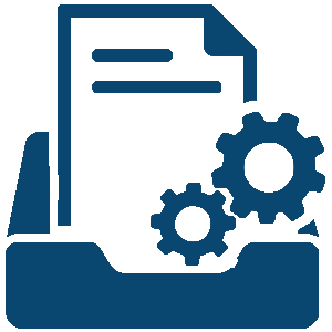 Icon of a paper tray with stacked sheets and two gears, representing robust paper handling and efficient document feeding.
