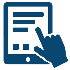 Icon of a touchscreen device with a hand tapping the display, symbolizing a large interactive touchscreen interface.