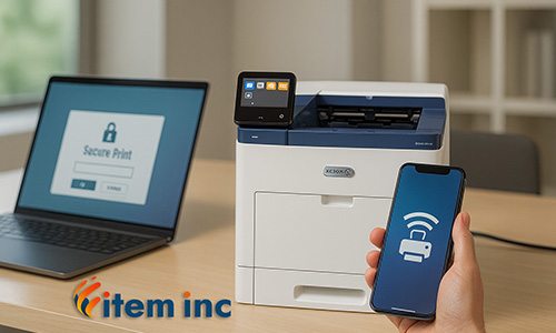 Xerox VersaLink B600dn printer with NFC mobile printing—hand holding a smartphone beside the printer and a laptop showing a Secure Print login.