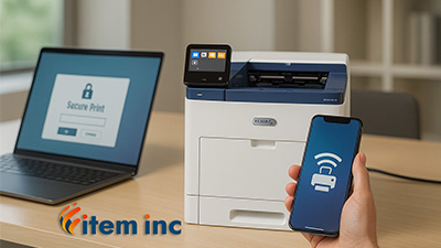 Xerox VersaLink B600dn printer with NFC mobile printing—hand holding a smartphone beside the printer and a laptop showing a Secure Print login.