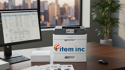 Professional office setup featuring a high-capacity Lexmark MS810 printer with an item, inc logo, printed data charts, and a computer monitor overlooking a metropolitan area.