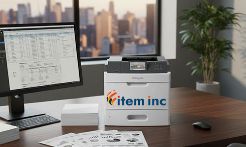Professional office setup featuring a high-capacity Lexmark MS810 printer with an item,inc logo, printed data charts, and a computer monitor overlooking a metropolitan area.
