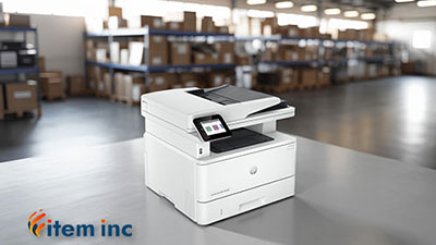 A white HP multifunction laser printer with a touchscreen display is sitting on a metal table. The touchscreen shows several colored app icons. The printer has an automatic document feeder on top and output trays below. The HP logo is visible on the front of the printer. In the bottom left corner, there is a logo for "item inc". The background is a blurred warehouse setting with shelves filled with cardboard boxes and bright lights on the ceiling.