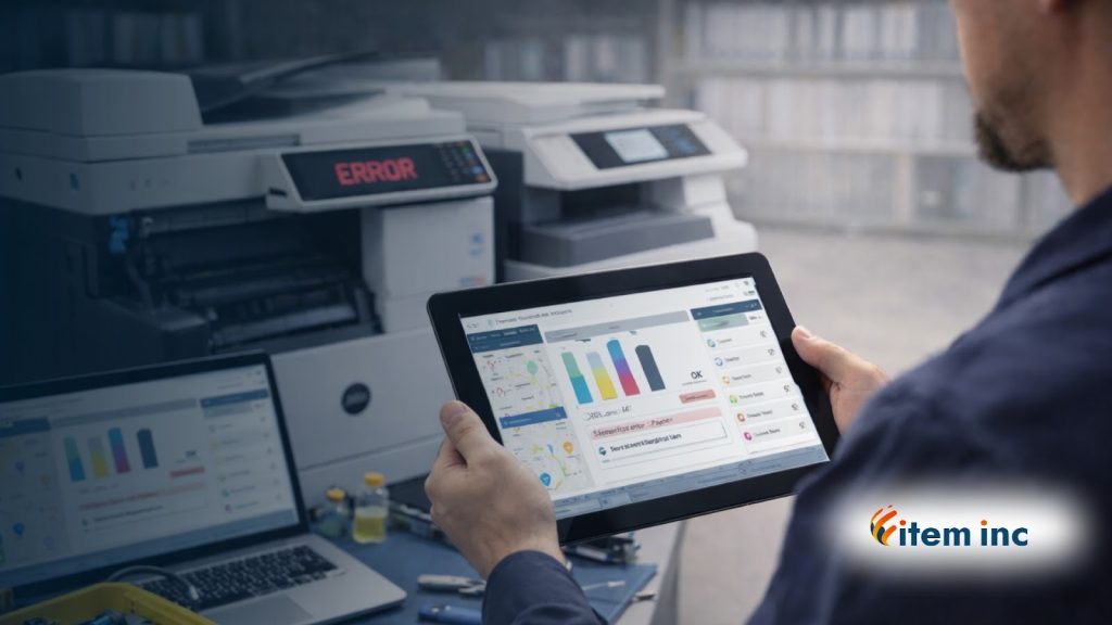 A person holds a tablet displaying printer performance analytics and charts while standing in front of office copiers, one showing an “ERROR” message on its display. A laptop with similar analytics is open on the desk. The Item, Inc. logo appears in the lower right corner.