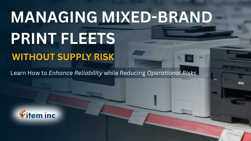 “Managing Mixed-Brand Print Fleets Without Supply Risk” over a background image of multiple office printers displayed on a store shelf. Subheading reads, “Learn How to Enhance Reliability while Reducing Operational Risks.” The Item, Inc. logo appears in the lower left corner.