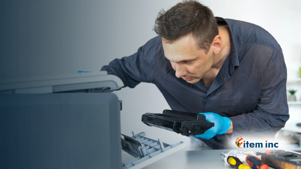 A technician wearing blue gloves inspects and removes a toner cartridge from an open office printer. Tools are visible on the table nearby. The Item, Inc. logo appears in the lower right corner.
