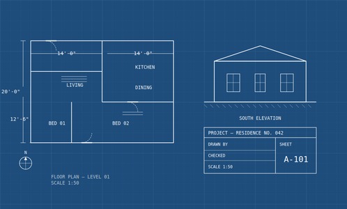 Architectural blueprint on blue grid paper showing a residential floor plan with labeled rooms (living, kitchen, dining, two bedrooms) and dimensions, alongside a south elevation drawing and a title block marked "Residence No. 042, Sheet A-101."