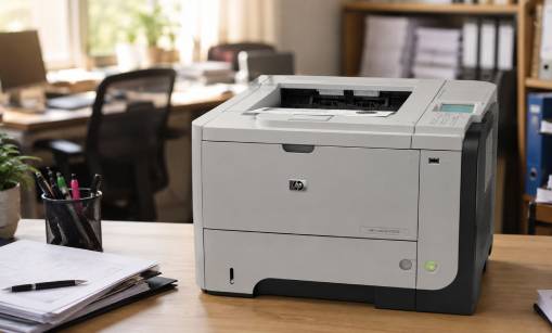 HP LaserJet printer on a wooden desk in a small office, surrounded by papers and office supplies, with warm natural light and a softly blurred workspace in the background.